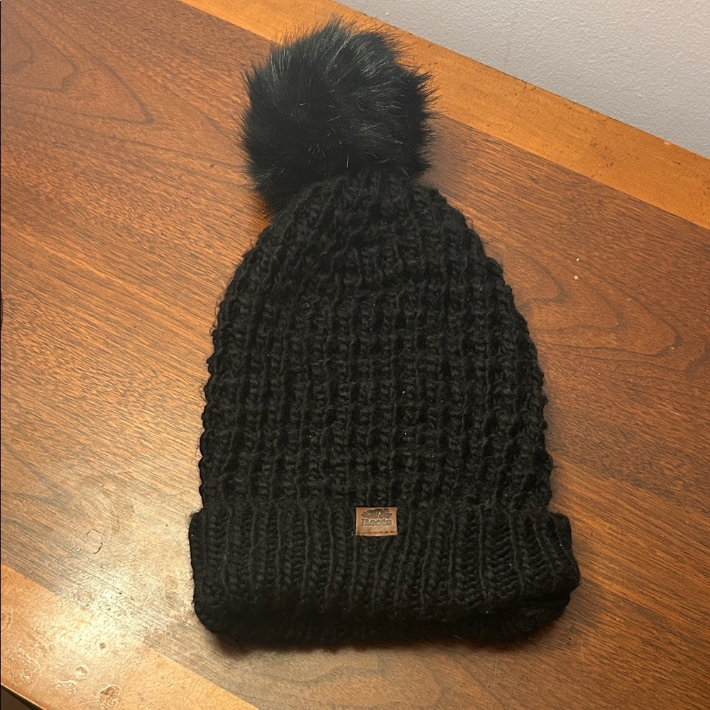 Roots Black Knit Pom-Pom Hat